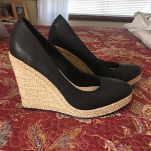 Black leather wedges
